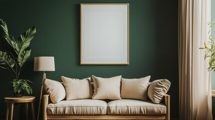 Minimalist Living Room with Beige Sofa Green Wall and Golden Frame