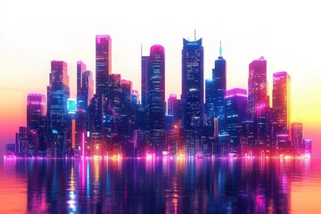 Fototapeta premium Vibrant city skyline at sunset, showcasing colorful lights reflecting on water, creating a stunning urban atmosphere.
