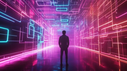 A person stands in a vibrant, neon-lit space, surrounded by colorful digital patterns, representing technology and imagination.