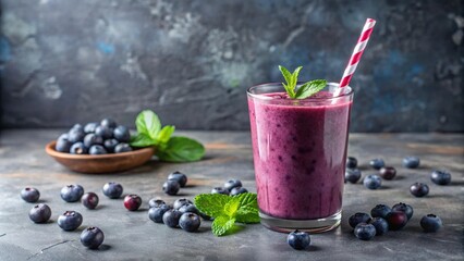 Black blueberry smoothie in a glass with a strawberry