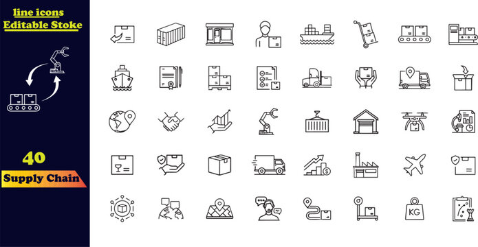 Vector Icon Collection for Supply Chain. This set includes line icons related to the supply chain, value chain, logistics, delivery, manufacturing, and commerce. 