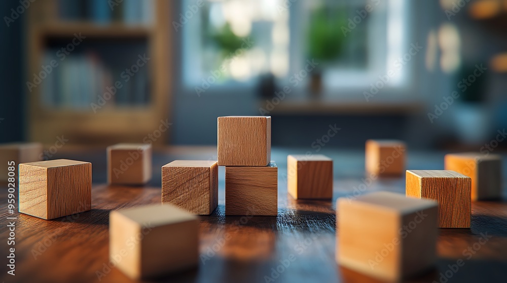 Poster whimsical 3d render of intricately carved wooden blocks on table with soft lighting in cartoon minim