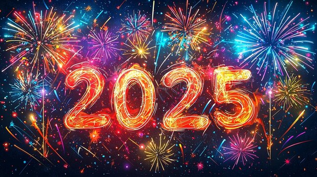 A spectacular fireworks display with vivid colors illuminates the night sky, highlighting the glowing number 2025, representing a grand celebration of the New Year.