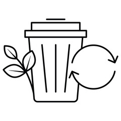 Vector icon for Zero Waste. Illustrates a waste bin with recycling arrows and a plant leaf, promoting zero waste practices in a minimalist black and white design.