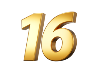 Golden metallic Number 16 Sixteen, White background 3d illustration

