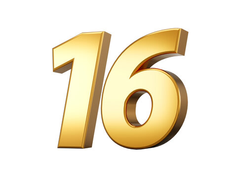 Golden metallic Number 16 Sixteen, White background 3d illustration
