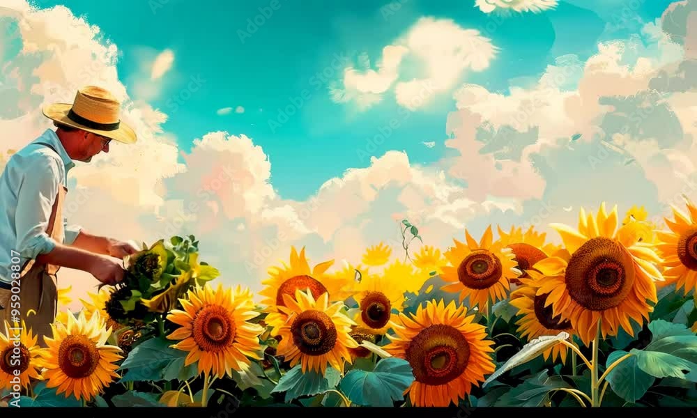 Canvas Prints A farmer tending to his sunflower field on a sunny summer day. Video