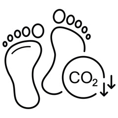 Obraz premium Vector icon for Carbon Footprint Reduction. Shows two footprints with a CO2 symbol and downward arrows, representing carbon emissions reduction in a monochromatic style.