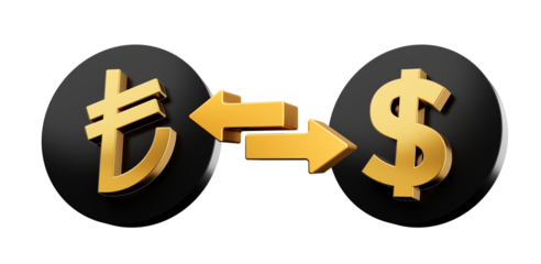 3d Golden Lira And Dollar Symbol On Rounded Black Icons With Money Exchange Arrows, 3d illustration
