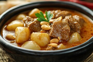 Savory Beef Massaman Curry with Potatoes and Peanuts: Authentic Thai Cuisine Close-up in High Resolution