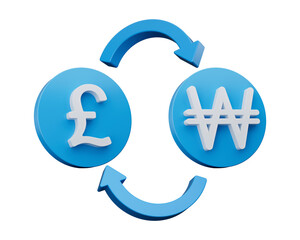 3d White Pound And Won Symbol On Rounded Blue Icons With Money Exchange Arrows, 3d illustration
