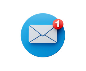 White envelope and the letter 1 on Red circle. Mail icon on a white background. 3d illustration
