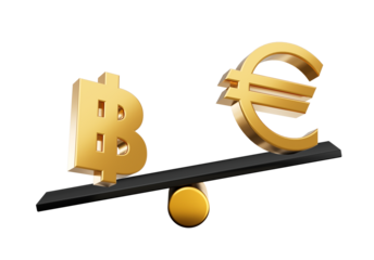 3d Golden Baht And Euro Symbol Icons With 3d Black Balance Weight Seesaw, 3d illustration
