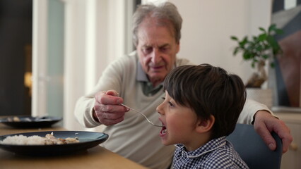 Fototapeta premium Senior man and young boy at a dining table, focusing on the nurturing moment of sharing a meal together. scene emphasizes family bonds and caring interactions in a home setting