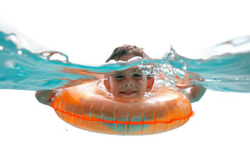 Boy having fun swimming with inflatable tube in clear water