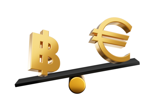 3d Golden Baht And Euro Symbol Icons With 3d Black Balance Weight Seesaw, 3d illustration
