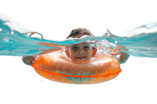 Boy having fun swimming with inflatable tube in clear water - Powered by Adobe