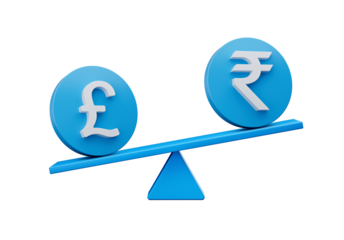 3d White Pound And Rupee Symbol On Rounded Blue Icons With 3d Balance Weight Seesaw, 3d illustration
