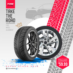 Tire car advertisement poster. Information. Store. Action. Landscape poster. Digital banner. Flyer. Booklet. Brochure. Web design. 