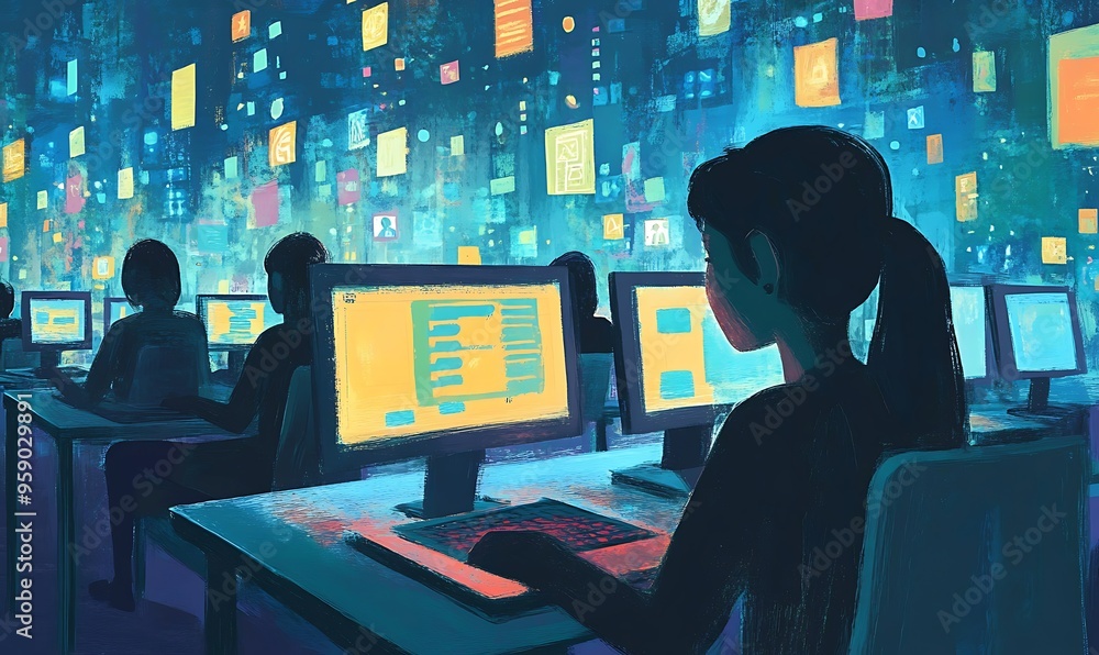 Poster silhouetted figures working on computers with a blue and yellow digital background