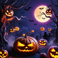 Fototapeta premium A pumpkin with a scary face is surrounded by other pumpkins with scary faces. The scene is set in a dark forest with a full moon in the background. Scene is spooky and eerie, perfect for Halloween