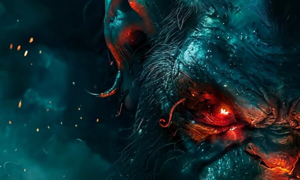 A troll lurking in a dark cave, its eyes glowing with an evil red light. Video