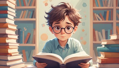 boy readings books illustration 