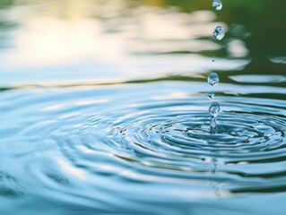 A single water drop creates ripples on a calm, blue surface.