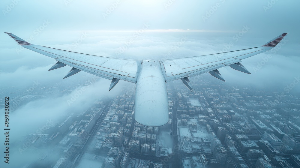 Wall mural Airplane Wing Over Cityscape