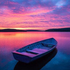 Fototapeta premium A small boat rests on a still lake at sunset, with vibrant pink and purple hues reflecting on the water.