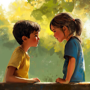 littke brother and sister  sitting on the bench