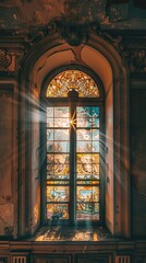 Obraz premium Sunlight streams through a stained glass window in a dilapidated building.