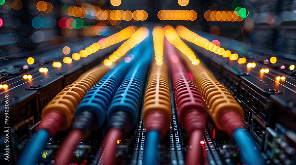 Poster rows of colorful cables in a server rack with blurred lights in the background.