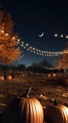 Magical Pumpkin Patch at Night with Glowing Pumpkins and Fairy Lights Under a Crescent Moon