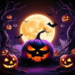 A pumpkin with a scary face is surrounded by other pumpkins with scary faces. The scene is set in a dark forest with a full moon in the background. Scene is spooky and eerie, perfect for Halloween