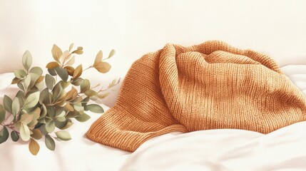 A soft, brown knitted blanket lies on a white bedspread, with a sprig of green foliage beside it.