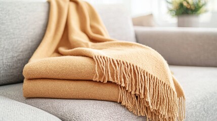 A soft, golden throw blanket with fringe lays folded on a couch.  The blanket is perfect for adding warmth and style to any living room.