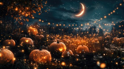 Magical Pumpkin Patch at Night with Glowing Pumpkins and Fairy Lights Under a Crescent Moon