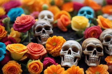 Halloween skull adorned with vibrant colorful flowers