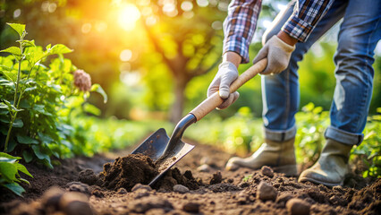 Close-up of a male farmer digging soil with a shovel for planting plants, sunny day