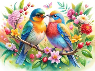 Vibrant, colorful illustration of two loving birds perched together on a delicate branch, surrounded by soft, whimsical flowers and foliage, exuding sweet romance and tender affection.