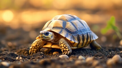 Fototapeta premium A close-up of a tortoise on the ground, showcasing its detailed shell and surroundings.