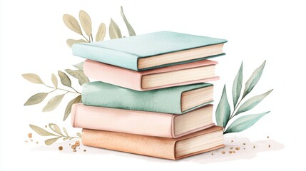 A stack of colorful books with leafy branches and gold glitter on a white background.