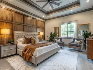 Elegant Primary Bedroom Suite with Wood Panel Headboard, Velvet Armchairs, and Grey Flooring