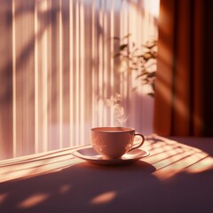 A steaming cup of coffee sits on a windowsill, bathed in warm morning light streaming through sheer curtains.