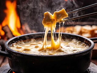 A steaming pot of cheese fondue with a piece of bread being dipped into the melted cheese.