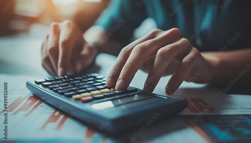 Poster close-up of hands using a calculator and reviewing financial data
