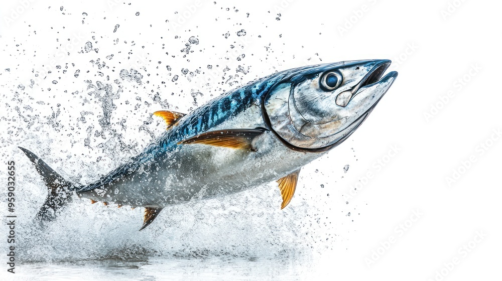 Wall mural Leaping Tuna Against White Background