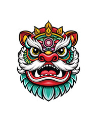 Editable vector illustration of a Chinese lion dance costume head, featuring a colorful and detailed design.