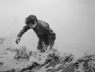 A man in a leather jacket struggles against the waves in a black and white image.